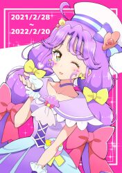 Rule 34 | 1girl, blowing kiss, bow, capelet, choker, commentary, cure coral, dated, dress, earrings, facial mark, fingerless gloves, gloves, hair bow, hat, hat bow, heart, heart facial mark, highres, jewelry, kaatsu katsurou, long hair, looking at viewer, magical girl, multicolored eyes, one eye closed, open mouth, orange eyes, pink bow, precure, purple capelet, purple choker, purple dress, purple hair, sailor hat, shell brooch, smile, solo, sparkle, suzumura sango, tropical-rouge! precure, very long hair, white gloves, white hat, yellow bow