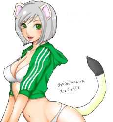 Rule 34 | 1girl, animal ears, bent over, bra, breasts, ermine, ermine ears, female focus, green eyes, grey hair, lingerie, mouse ears, navel, otama (umbilicalcord), panties, simple background, solo, tail, translated, underwear, weasel, white background
