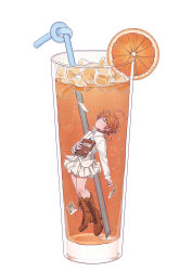 Rule 34 | 1girl, absurdres, book, boots, brown footwear, closed eyes, collared shirt, crazy straw, drink, drinking straw, emma (yakusoku no neverland), food, fruit, highres, holding, holding book, ice, ice cube, long sleeves, orange (fruit), orange hair, orange slice, photo (object), pleated skirt, rlotte, shadow, shirt, short hair, simple background, skirt, solo, white background, white shirt, white skirt, yakusoku no neverland