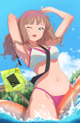 Rule 34 | 1girl, alternate breast size, armpits, arms behind head, bag, between breasts, bikini, breasts, brown hair, cellphone, cloud, commission, day, green eyes, gridman universe, gulim, handbag, highleg, highleg bikini, highres, inflatable toy, layered bikini, long hair, looking at viewer, medium breasts, minami yume, navel, one eye closed, open mouth, outdoors, phone, pink bikini, pixiv commission, sky, smartphone, smile, solo, ssss.dynazenon, stomach, straddling, strap between breasts, swimsuit, transparent, water, water drop, white bikini