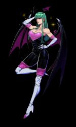 Rule 34 | 1girl, abs, absurdres, bare shoulders, bat wings, black leotard, blunt bangs, boots, breasts, capcom, cleavage, collarbone, commentary, cosplay, crossover, elbow gloves, full body, gloves, green eyes, green hair, hand on own hip, head wings, heart, high heel boots, high heels, highres, knee boots, leotard, long hair, morrigan aensland, rouge the bat, sega, sheep shin, sonic (series), sparkle, toned, vampire (game), white footwear, white gloves, wings