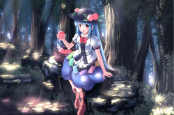 Rule 34 | 1girl, :d, basket, black hat, blue hair, blue skirt, blush, boots, bow, bowtie, brown footwear, dappled sunlight, day, dress shirt, food, forest, fruit, hat, highres, hinanawi tenshi, holding, holding food, holding fruit, leaf, long hair, looking at viewer, nature, open mouth, outdoors, peach, puffy short sleeves, puffy sleeves, rainbow order, red bow, red bowtie, red eyes, risutaru, shirt, short sleeves, sitting, skirt, smile, solo, sunlight, touhou, tree, under tree, very long hair, white shirt