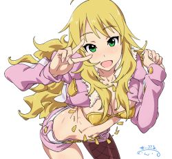 Rule 34 | 1girl, :d, bikini, blonde hair, blush, breasts, cleavage, fishnet pantyhose, fishnets, green eyes, highres, hoshii miki, idolmaster, idolmaster (classic), jacket, long hair, looking at viewer, nail polish, navel, open mouth, pantyhose, shorts, simple background, smile, solo, suna (sandworks), swimsuit, v, very long hair, white background