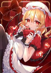 Rule 34 | 1girl, absurdres, adapted costume, blonde hair, boots, bow, box, breasts, flandre scarlet, gift, gift box, hair between eyes, hat, heart, heart-shaped box, highres, holding, holding box, holding gift, light smile, looking at viewer, lying, medium hair, mob cap, nail polish, nano popo02, on back, pantyhose, pointy ears, puffy short sleeves, puffy sleeves, red bow, red eyes, red nails, short sleeves, small breasts, solo, touhou, valentine, wings