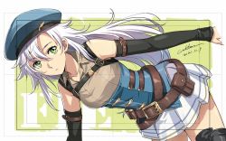 Rule 34 | 1girl, arm strap, belt, belt pouch, beret, black thighhighs, blue hat, breasts, brown belt, brown shirt, character name, closed mouth, collared shirt, commentary, corset, cowboy shot, dated, dated commentary, detached sleeves, dutch angle, eiyuu densetsu, expressionless, falcom, fie claussell, green background, green eyes, hair between eyes, hat, hat ornament, kuro no kiseki, long hair, looking at viewer, medium breasts, military hat, miniskirt, multiple belts, parted bangs, pleated skirt, pouch, shirt, signature, silver hair, simple background, skirt, sleeveless, sleeveless shirt, solo, strap, thighhighs, underbust, werkbau, white skirt, wing collar, zettai ryouiki