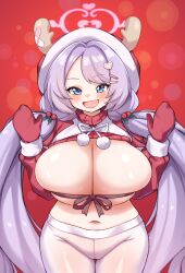 Rule 34 | 1girl, :d, absurdres, blue archive, blue eyes, blush, bow, breasts, breasts out, christmas, cleanerjay, clothes lift, fake antlers, fang, groin, hair ornament, hairclip, halo, hanae (blue archive), hanae (christmas) (blue archive), heart, heart hair ornament, highres, holly hair ornament, huge breasts, long hair, mittens, navel, open mouth, pantyhose, pom pom (clothes), purple hair, red background, red sweater, ribbed sweater, ribbon bra, simple background, skin fang, smile, solo, sweater, sweater lift, turtleneck, turtleneck sweater, twintails, very long hair, white pantyhose