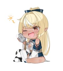 Rule 34 | 1girl, bad id, bad twitter id, blonde hair, blush, breasts, can, chibi, cleavage, cleavage cutout, clothing cutout, dark-skinned female, dark skin, elf, hair ornament, highres, hololive, kintsuba (shiranui flare), long hair, moonbell, one eye closed, open mouth, pointy ears, red eyes, shiranui flare, shiranui flare (old design), single thighhigh, sitting, teeth, thighhighs, tongue, upper teeth only, virtual youtuber, white background, white footwear, white thighhighs