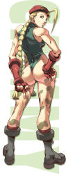 Rule 34 | 1girl, alvin lee, antenna hair, ass, back, bare shoulders, beret, blonde hair, blue eyes, bodypaint, boots, braid, cammy white, camouflage, capcom, character name, fingerless gloves, from behind, full body, gauntlets, gloves, hair over shoulder, halterneck, hand on own ass, hand on own hip, hat, high heels, highleg, highleg leotard, hip focus, kneepits, leotard, lips, long hair, long image, looking at viewer, looking back, low-tied long hair, military, military uniform, panties, parted lips, platform footwear, scrunchie, shoes, skin tight, solo, standing, stick poster, street fighter, tall image, thong, thong leotard, turtleneck, twin braids, udon entertainment, underwear, uniform, v, very long hair