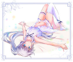 Rule 34 | 1girl, bare arms, bare shoulders, bed, black ribbon, blue eyes, collarbone, commentary request, highres, iesupa, legwear garter, long hair, looking at viewer, lying, midriff, navel, on back, ponytail, ribbon, rwby, scar, scar across eye, scar on face, single legwear garter, single thighhigh, sleepwear, solo, thighhighs, translucent, weiss schnee, white hair, white thighhighs