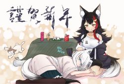 Rule 34 | 2girls, animal, animal ear fluff, animal ears, aqua eyes, bags under eyes, black hair, black legwear, cat, commentary request, dress, fox ears, fox tail, frilled skirt, frills, hand on another&#039;s head, highres, hololive, hood, hoodie, kotatsu, lap pillow, ling qi mo shi, long hair, lying, mouse (animal), multicolored hair, multiple girls, off shoulder, on side, ookami mio, ookami mio (casual), orange eyes, pantyhose, red hair, seiza, shirakami fubuki, shirakami fubuki (street), shirt, sitting, skirt, smile, streaked hair, table, tail, translation request, virtual youtuber, white hair, wolf ears, wolf tail