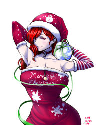 Rule 34 | 1girl, asymmetrical sleeves, bare shoulders, breasts, chain, choker, christmas, cleavage, dated, detached sleeves, dress, earth (ornament), green ribbon, hat, hecatia lapislazuli, highres, kamekichi27, large breasts, medium breasts, merry christmas, red dress, red eyes, red hair, red hat, ribbon, santa hat, simple background, sleeveless, sleeveless dress, solo, striped sleeves, touhou, uneven sleeves, white background