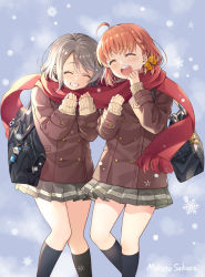 Rule 34 | 2girls, ahoge, artist name, bag, beige sweater, black socks, blue background, bow, braid, brown coat, buttons, closed mouth, coat, commentary request, cover image, double-breasted, feet out of frame, grey hair, grey skirt, hair bow, hands up, highres, kneehighs, laughing, long sleeves, love live!, love live! sunshine!!, multiple girls, open mouth, orange hair, pleated skirt, red scarf, sakurai makoto (custom size), scarf, school bag, shared clothes, shared scarf, short hair, shoulder bag, side braid, skirt, smile, snowflakes, snowing, socks, takami chika, teeth, upper teeth only, watanabe you, yellow bow
