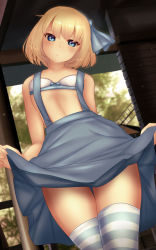 Rule 34 | 1girl, alice margatroid, alice margatroid (pc-98), blonde hair, blue eyes, blue hairband, blue ribbon, blue skirt, blue thighhighs, bra, breasts, center frills, closed mouth, clothes lift, collarbone, collared shirt, commentary request, frills, hair ribbon, hairband, head tilt, highres, neck ribbon, no shirt, ribbon, shirt, shounen (hogehoge), skirt, skirt lift, small breasts, solo, striped clothes, striped thighhighs, suspender skirt, suspenders, thighhighs, touhou, touhou (pc-98), underwear, white bra, white thighhighs