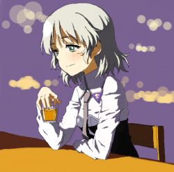 Rule 34 | 1girl, bad id, bad pixiv id, blush, cup, drink, green eyes, holding, lights, long sleeves, lowres, military, military uniform, necktie, oekaki, sanya v. litvyak, shiratama (hockey), short hair, silver hair, sitting, smile, solo, strike witches, table, uniform, world witches series