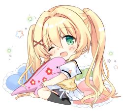 Rule 34 | 1girl, ;d, bad id, bad pixiv id, black socks, blonde hair, blush, chibi, commentary request, commission, frilled pillow, frills, full body, green eyes, hair between eyes, hair ornament, heart, heart-shaped pillow, highres, hizuki yayoi, looking at viewer, no shoes, one eye closed, open mouth, pillow, pixiv commission, pleated skirt, puffy short sleeves, puffy sleeves, sailor collar, school uniform, serafuku, shirt, short sleeves, simple background, sitting, skirt, smile, socks, solo, star (symbol), starry background, summer pockets, sweater vest, tsumugi wenders, twintails, wariza, white background, white sailor collar, white shirt, white skirt, x hair ornament