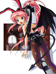 Rule 34 | 1girl, animal ears, ass, back, bare shoulders, bat wings, black footwear, blue eyes, bow, brown pantyhose, cropped legs, demon girl, fake animal ears, headdress, horns, katahira masashi, leotard, long hair, looking at viewer, looking back, open mouth, pantyhose, pink hair, playboy bunny, pointy ears, ponytail, rabbit ears, shoes, smile, solo, tail, very long hair, wings, wrist cuffs