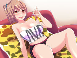 Rule 34 | 1girl, bare shoulders, blush, breasts, brown hair, cleavage, condom, covered erect nipples, highres, large breasts, legs, looking at viewer, midriff, mint aji, navel, open mouth, orange eyes, pillow, short hair, short shorts, shorts, side ponytail, simple background, sitting, smile, solo, strapless, sweat, thighs, tongue, tongue out, used condom
