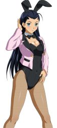 Rule 34 | 00s, 1girl, animal ears, aqua eyes, black hair, black hairband, black leotard, black neckwear, blue eyes, blush, breasts, cleavage, cuff links, detached collar, earrings, fake animal ears, fishnet pantyhose, fishnets, hair pulled back, hairband, hand in own hair, highres, ikkitousen, jacket, jewelry, jpeg artifacts, kakouen myousai, leotard, long hair, long sleeves, looking at viewer, magatama, magatama earrings, official art, open clothes, open jacket, pantyhose, playboy bunny, rabbit ears, ribbed leotard, shiny clothes, simple background, smile, solo, standing, striped clothes, striped leotard, third-party source, unmoving pattern, very long hair, white background