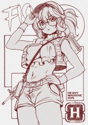 Rule 34 | 1girl, breasts, character name, english text, fio germi, glasses, greyscale, gun, hat, heavy machine gun, highres, lineart, machine gun, medium breasts, metal slug, midriff, monochrome, persocon93, ponytail, simple background, solo, weapon, white background