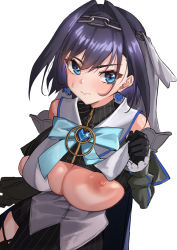 Rule 34 | 1girl, black gloves, black hair, black shirt, black skirt, blue bow, blue eyes, blush, bow, bow earrings, breasts, cleavage, closed mouth, commentary, crop top, detached sleeves, earrings, gloves, hair between eyes, hair intakes, head chain, heart-shaped gem, highres, hololive, hololive english, jewelry, kumamiya, large breasts, looking at viewer, miniskirt, nipples, one breast out, ouro kronii, shirt, short hair, simple background, skirt, solo, striped clothes, striped shirt, striped skirt, sweatdrop, underboob, upper body, v-shaped eyebrows, veil, vertical-striped clothes, vertical-striped shirt, vertical-striped skirt, virtual youtuber, white background, white shirt, zipper, zipper pull tab