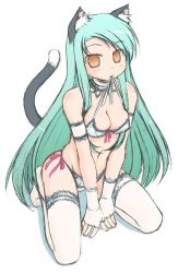 Rule 34 | 00s, 1girl, amamiya minato, animal ears, bra, breasts, cat ears, cat tail, cleavage, collar, gloves, green bra, green hair, green panties, green thighhighs, kneeling, lace, lace-trimmed bra, lace trim, large breasts, lingerie, long hair, mouth hold, panties, side-tie panties, solo, suzumiya haruhi no yuuutsu, tail, thighhighs, tsuruya, underwear, underwear only, very long hair