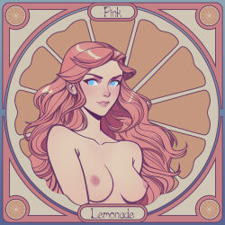 1girl art_nouveau blue_eyes breasts collarbone commentary english_commentary english_text food fruit galmesh_rosewood highres lemon lemon_slice long_hair medium_breasts nipples no_pupils orange_hair original parted_lips solo topless upper_body very_long_hair