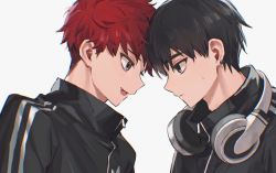 Rule 34 | 2boys, bad id, bad twitter id, black eyes, black hair, black jacket, brown eyes, buried stars, closed mouth, ear piercing, fang, forehead-to-forehead, from side, han do-yoon, headphones, headphones around neck, heads together, highres, jacket, korean commentary, male focus, monza (saeumon), multiple boys, open mouth, piercing, profile, red hair, seo hyesung, simple background, track jacket, undercut, upper body