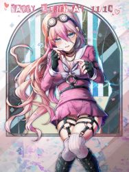 Rule 34 | 1girl, antenna hair, barbed wire, black choker, black footwear, black gloves, blonde hair, blue eyes, blush, boots, bow, bowtie, breasts, choker, collarbone, danganronpa (series), danganronpa v3: killing harmony, dated, fingerless gloves, gloves, goggles, goggles on head, goto (sep), hair between eyes, happy birthday, heart, iruma miu, knee boots, large breasts, long hair, long sleeves, looking at viewer, multicolored background, o-ring, open mouth, pink skirt, sailor collar, skirt, thighhighs