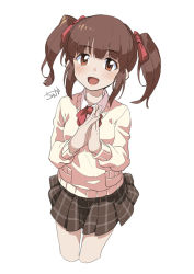 Rule 34 | 1girl, :d, blush, bow, bowtie, brown eyes, brown hair, collared shirt, cropped legs, hair ribbon, idolmaster, idolmaster cinderella girls, looking at viewer, ogata chieri, open mouth, own hands clasped, own hands together, pleated skirt, red bow, red bowtie, red ribbon, ribbon, shirt, sidelocks, signature, simple background, skirt, smile, solo, sweater, twintails, tyuga