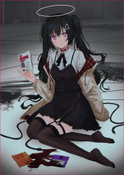 Rule 34 | 1girl, belt, belt buckle, black belt, black dress, black hair, black ribbon, blood, blush, border, brown thighhighs, buckle, cable, chihuri, collared shirt, commentary request, dress, dress shirt, floppy disk, hair between eyes, hair ornament, hairclip, halo, highres, holding, jacket, lace, lace-trimmed dress, lace trim, long hair, neck ribbon, no shoes, off shoulder, open clothes, open jacket, original, pink eyes, plaid, red border, ribbon, shirt, sitting, sleeveless, sleeveless dress, solo, thighhighs, translation request, twintails, very long hair, white jacket, white shirt, yokozuwari