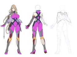 Rule 34 | 1girl, ass, bodysuit, breasts, brown hair, capelet, chain, character sheet, commentary, concept art, covered navel, curvy, elbow gloves, female focus, full body, gloves, hair over one eye, high heels, highres, kunai, large breasts, long hair, looking at viewer, multiple views, ninja, sano toshihide, simple background, skin tight, standing, taimanin (series), taimanin asagi kessen arena, tekkain kaworu (taimanin asagi battle arena), weapon, white background