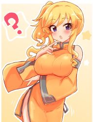 Rule 34 | 1girl, :o, ?, bare shoulders, blonde hair, blue eyes, blush, breast hold, breasts, china dress, chinese clothes, detached sleeves, dress, groin, highres, idolmaster, idolmaster cinderella girls, large breasts, long hair, looking at viewer, ohtsuki yui, open mouth, orange dress, ponytail, side ponytail, solo, thighs, tong (freedom2000), wavy hair