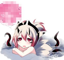 Rule 34 | 1girl, @ @, animal ears, bath, blush, censored, commentary request, crossed arms, dated, drooling, facial mark, fox ears, heart, horns, konshin, multicolored hair, multiple tails, nude, onsen, original, red eyes, signature, solo, tail, tentacles, thought bubble, water, wet