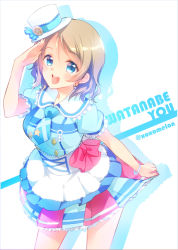 Rule 34 | 10s, 1girl, blue dress, blue eyes, blush, brown hair, character name, commentary request, dress, hat, looking at viewer, love live!, love live! school idol festival, love live! sunshine!!, mini hat, mini top hat, necktie, open mouth, peke (xoxopeke), puffy short sleeves, puffy sleeves, short hair, short sleeves, skirt hold, smile, solo, top hat, twitter username, watanabe you