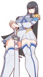 Rule 34 | 1girl, bakuzan, bamman, blue eyes, boots, breasts, dress, from below, grey footwear, grey hair, highres, holding, holding sword, holding weapon, katana, kill la kill, kiryuuin satsuki, large breasts, long hair, long sleeves, looking at viewer, sheath, sheathed, short dress, simple background, solo, standing, sword, thick eyebrows, thigh boots, weapon, white background