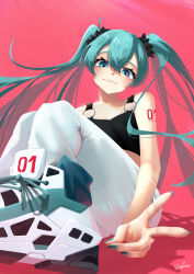 Rule 34 | 1girl, absurdres, aqua eyes, aqua hair, aqua nails, black camisole, blue eyes, camisole, double-parted bangs, foreshortening, hair ornament, hatsune miku, highres, light rays, long hair, looking at viewer, miku day, pants, red background, scrunchie, signature, simple background, solo, sportswear, tattoo, twintails, v, very long hair, vocaloid, white footwear, white pants, yurakusai
