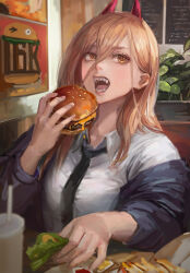 Rule 34 | 1girl, black necktie, blonde hair, blue jacket, burger, chainsaw man, collared shirt, cross-shaped pupils, family burger (chainsaw man), family burger mascot (chainsaw man), fast food, food, hair between eyes, holding, holding food, horns, imminent bite, jacket, long hair, looking at viewer, miche, necktie, off shoulder, open mouth, power (chainsaw man), red horns, sharp teeth, shirt, solo, symbol-shaped pupils, teeth, white shirt, yellow eyes