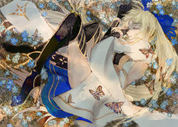 Rule 34 | 1girl, absurdres, artoria caster (fate), artoria caster (third ascension) (fate), artoria pendragon (fate), backless outfit, blonde hair, bug, butterfly, closed eyes, facial mark, fate/grand order, fate (series), flower, forehead mark, highres, insect, long hair, solo, tokoko93, very long hair