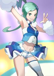 Rule 34 | 1girl, absurdres, aqua hair, arm warmers, armpits, arms up, asymmetrical hair, bare shoulders, blue choker, blue skirt, breasts, choker, commentary, creatures (company), crop top, earrings, game freak, grin, hair ornament, highres, jewelry, laidentt, light blush, lisia (pokemon), long hair, looking at viewer, midriff, navel, nintendo, pokemon, pokemon oras, shirt, short shorts, shorts, showgirl skirt, single thighhigh, skindentation, skirt, sleeveless, sleeveless shirt, small breasts, smile, solo, standing, striped clothes, striped thighhighs, teeth, thighhighs, v, white shirt, white shorts