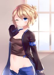 Rule 34 | 1girl, arm up, blonde hair, blue eyes, breasts, commentary request, folded ponytail, hair between eyes, highres, jacket, long hair, long sleeves, midriff, navel, neit ni sei, one eye closed, open pants, original, pala bergsson, pants, shiny skin, sleepy, sleeves past wrists, small breasts, solo, standing, strapless, sunlight, tube top, upper body, window