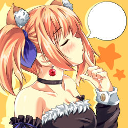 Rule 34 | 1girl, animal ears, anonimasu, bad id, bad pixiv id, bare shoulders, blank speech bubble, blush, choker, closed eyes, collarbone, earrings, face, finger to mouth, hair ribbon, jewelry, lips, open mouth, orange hair, original, ribbon, solo, speech bubble, twintails