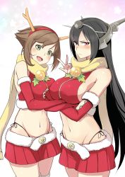 Rule 34 | 10s, 2girls, :d, antlers, black hair, blush, breast hold, breasts, brown hair, christmas, covered erect nipples, cowboy shot, crossed arms, elbow gloves, fingerless gloves, fur trim, gloves, green eyes, hairband, headgear, highres, horns, kantai collection, large breasts, long hair, looking at viewer, midriff, multiple girls, mutsu (kancolle), nagato (kancolle), navel, open mouth, panties, ransusan, red eyes, red gloves, reindeer antlers, santa costume, scarf, short hair, side-tie panties, sideboob, simple background, skirt, smile, standing, stomach, underwear, v, very long hair, white background