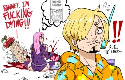 Rule 34 | !, !!, ..., 1girl, 2boys, angry, ass, blonde hair, carrying, dr. vegapunk, dying, english text, facial hair, highres, injury, jewelry bonney (egghead), leotard, lipstick, long head, long tongue, looking at another, makeup, multiple boys, mustache, old, old man, one piece, pain, pink hair, purple leotard, sanji (one piece), sanji (one piece) (egghead), short hair, sitting, stubble, sweat, thick eyebrows, thick mustache, toadgashi, tongue, tongue out, uniform, white background