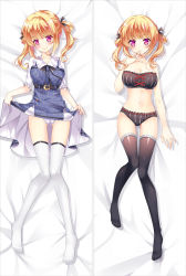 Rule 34 | 1girl, bakugadou, bare arms, bare shoulders, bed sheet, belt, belt buckle, black bra, black panties, black ribbon, black thighhighs, blonde hair, blush, bra, breasts, buckle, cameltoe, cleavage, closed mouth, clothes lift, dakimakura (medium), dress, dress lift, eyebrows, finger to mouth, frilled sleeves, frills, full body, girlish number, gluteal fold, hair ribbon, hand up, knees together feet apart, lifted by self, looking at viewer, lying, medium breasts, multiple views, navel, neck ribbon, no shoes, on back, panties, pink eyes, ribbon, ribbon-trimmed bra, ribbon-trimmed panties, ribbon-trimmed underwear, ribbon trim, short sleeves, smile, sonou momoka, stomach, strapless, strapless bra, thighhighs, twintails, underwear, underwear only, white panties