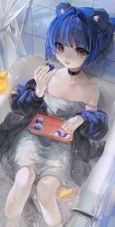 Rule 34 | 1girl, :3, :d, absurdres, animal ears, bare shoulders, bathing, bathroom, bathtub, bear ears, bear girl, black choker, blue hair, blue jacket, blunt bangs, borrowed character, breasts, checkered wall, choker, commentary, detergent, dress, english commentary, eskm00, fang, faucet, from above, gris (vertigris), hair bun, hair up, highres, holding, holding tray, jacket, knees up, leaning back, looking at viewer, looking up, loose hair strand, lounging, meme, off shoulder, open clothes, open jacket, open mouth, original, partially submerged, red eyes, rubber duck, short dress, shower curtain, small breasts, smile, solo, sparkle, strap slip, sundress, tide (detergent), tide pod chellenge (meme), tile wall, tiles, tray, water, wet, wet clothes, white dress