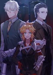 Rule 34 | 1girl, 2boys, absurdres, agravain (fate), alternate costume, armor, asymmetrical gloves, bad id, bad twitter id, black hair, blonde hair, blue eyes, brown neckwear, building, cheekbones, collarbone, collared shirt, fate/apocrypha, fate/extra, fate/grand order, fate (series), formal, gauntlets, gawain (fate), gloves, green eyes, hair between eyes, hands on own hips, highres, long hair, long sleeves, looking at viewer, mordred (fate), mordred (fate/apocrypha), multiple boys, necktie, night, night sky, open mouth, red gloves, shirt, short hair, sky, smile, star (sky), suit, uneven gloves, yellow neckwear, yorukun