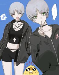 ... 1other ? ?? anger_vein black_choker black_jacket black_shorts blue_background breasts choker ear_piercing green_eyes grey_hair highres jacket navel oh_(aung_ae) original pale_skin pentacle piercing shorts simple_background small_breasts speech_bubble