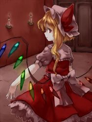 Rule 34 | 1girl, akagashi hagane, blonde hair, bow, candle, crystal, door, flandre scarlet, hat, hat bow, looking at viewer, mob cap, outstretched arm, parted lips, ponytail, profile, puffy sleeves, ribbon, shirt, short hair, short sleeves, side ponytail, skirt, skirt set, solo, touhou, vest, wings