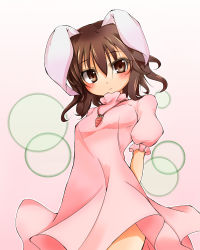 Rule 34 | 1girl, animal ears, arms behind back, blush, brown eyes, brown hair, rabbit ears, carrot, carrot necklace, colorized, dress, female focus, fuyuno taka, highres, inaba tewi, jewelry, kyuushiki, necklace, short hair, solo, touhou