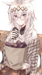 Rule 34 | 1girl, :3, absurdres, ahoge, alternate costume, animal ears, bag, bench, bespectacled, blue eyes, blurry, blurry foreground, blush, brown skirt, closed mouth, commentary request, food, glasses, grey hair, hair ornament, highres, holding, holding bag, holding food, horse ears, horse girl, long hair, long sleeves, looking at viewer, multicolored hair, oguri cap (umamusume), paper bag, roasted sweet potato, round eyewear, simple background, sitting, skirt, solo, steaming food, streaked hair, sweater, sweet potato, tetora (oudonoishiize), umamusume, white background, wooden bench